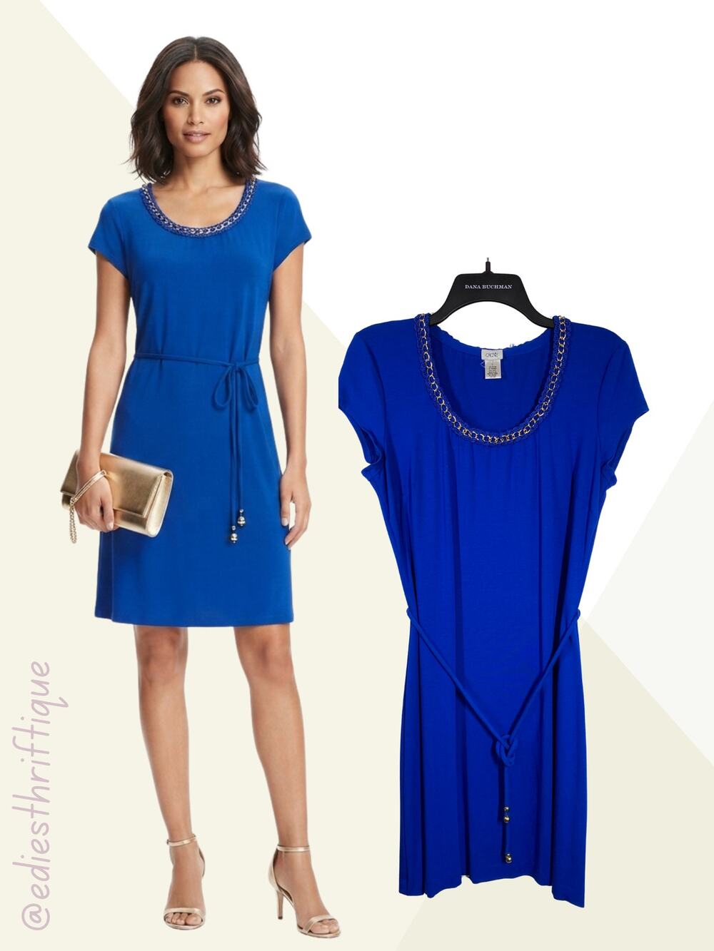 Cache Sapphire Blue Gold Chain Detail at Collar Cap Sleeves Stretch Size Large